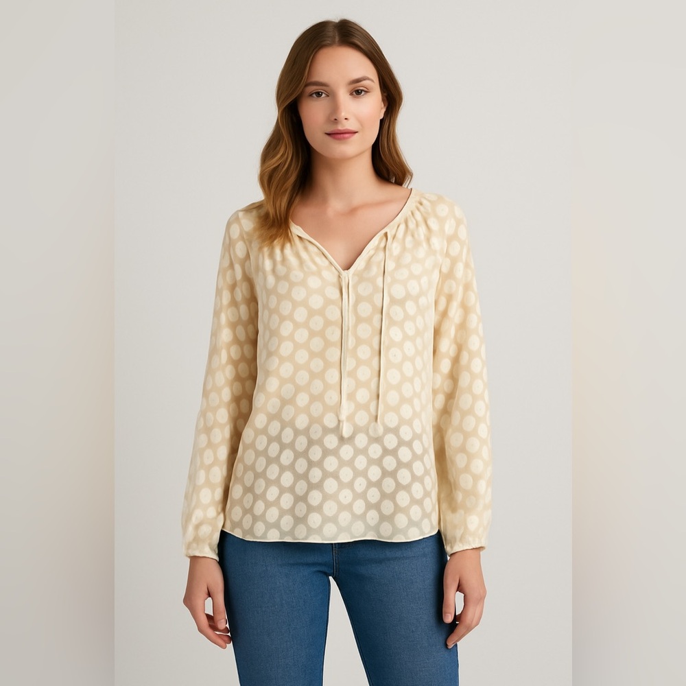 White House Black Market Blouse Women S Beige Good Sheer Polka Dot Silk Blend
